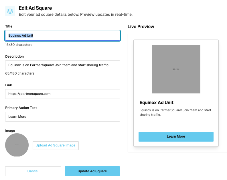Square Ad Example Quick Start Guide - PartnerSquare